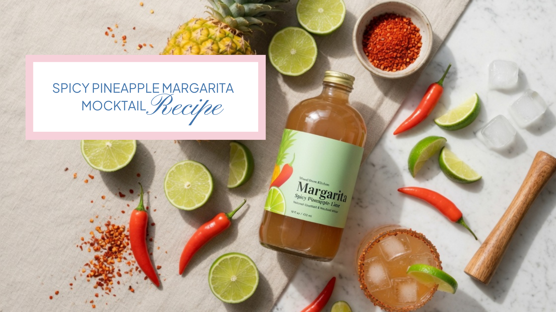 spicy pineapple margarita mocktail in a salt-rimmed glass with lime wheel and pineapple wedge