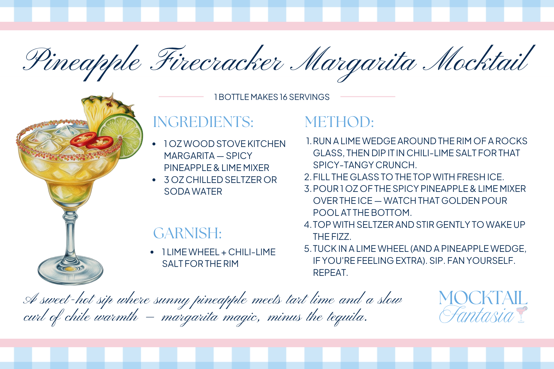 spicy pineapple margarita mocktail with a salted rim and lime wheel.
