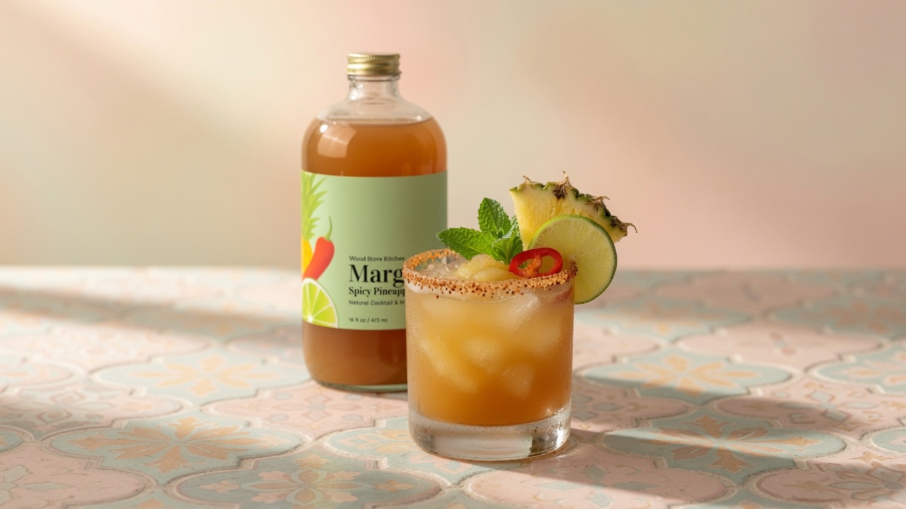Wood Stove Kitchen spicy pineapple and lime margarita mixer bottle styled with fresh pineapple and limes