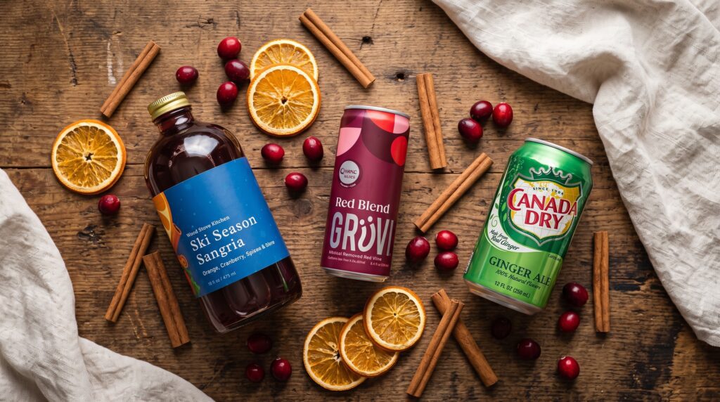 non-alcoholic sangria ingredients with Wood Stove Kitchen Ski Season Sangria and Grüvi Red Blend