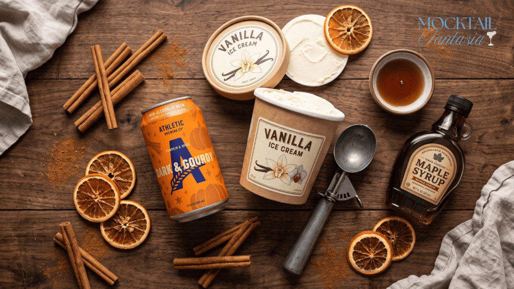 pumpkin spice float ingredients with Athletic Brewing Dark & Gourdy and vanilla ice cream