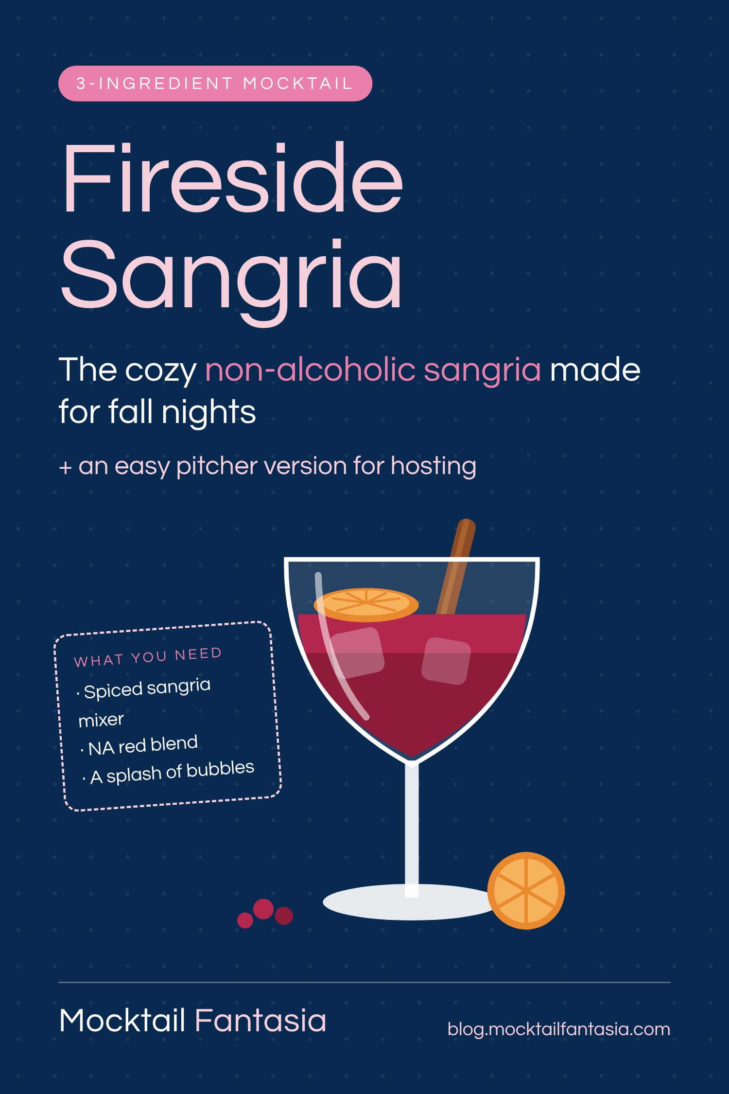 Fireside Sangria non-alcoholic sangria in a wine glass with an orange slice and cinnamon stick