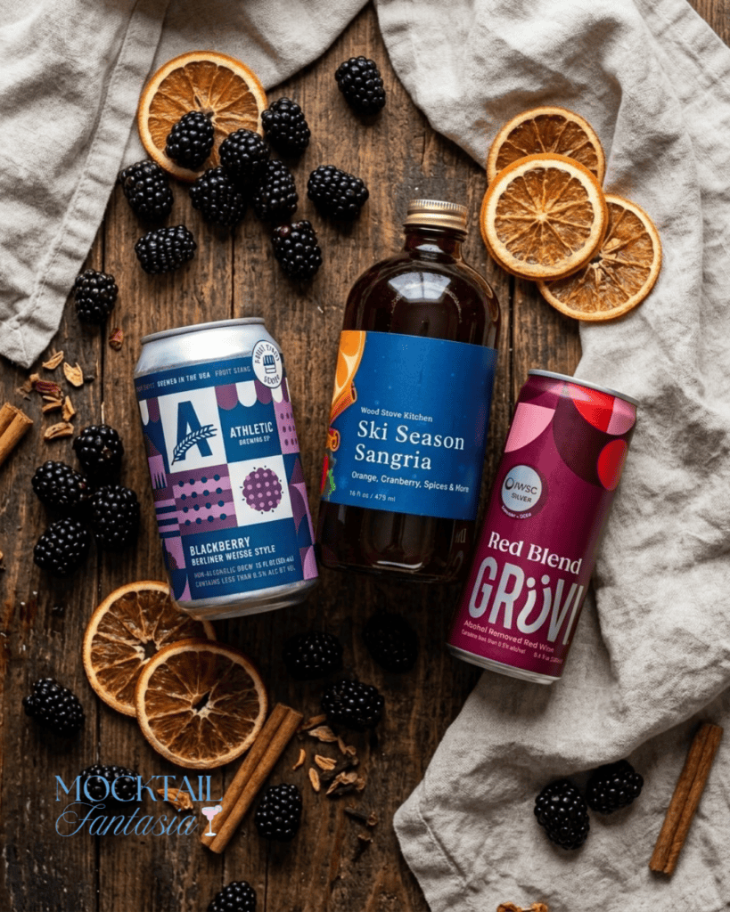 blackberry sour mocktail ingredients with Athletic Brewing Blackberry Sour and Grüvi Red Blend